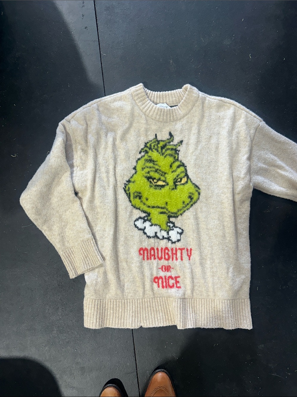 American Eagle Outfitters Beige Crewneck Sweater with Green Grinch and Red Text